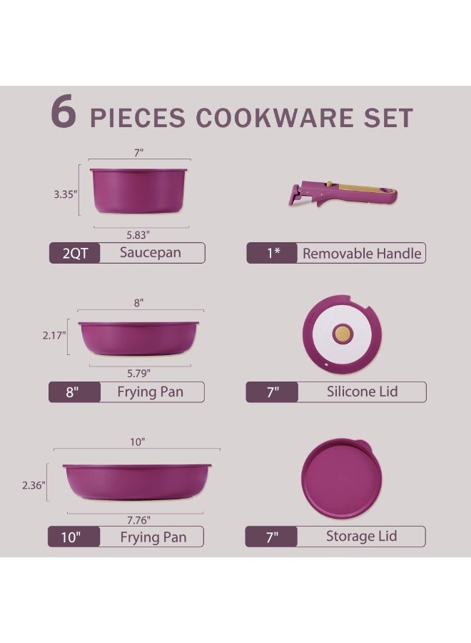 Carote 6-Piece Ceramic Cookware Set with Detachable Handle, Stackable Frying Pan & Saucepan with Lids, PFAS-Free Nonstick Healthy Cooking Set, All Kitchen Stovetop Compatible, Dishwasher Safe (Purple) - Image 2